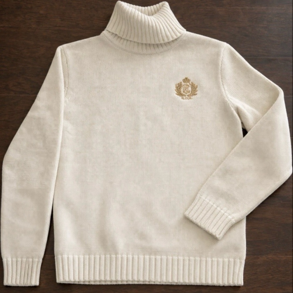 Lauren Ralph Lauren Women’s Turtleneck Sweater Medium Ivory Gold Embroider Logo